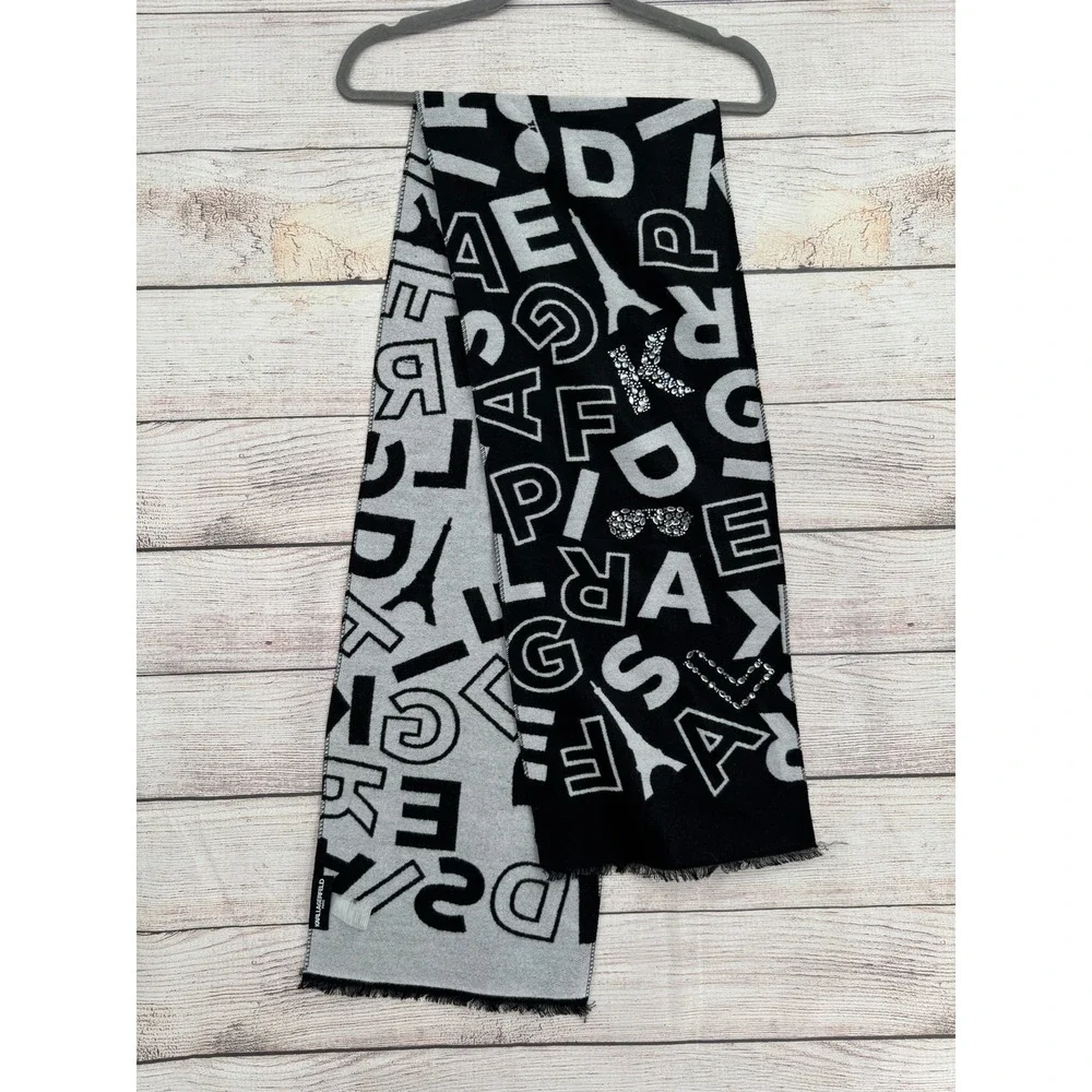 Karl Lagerfeld Scarf Womens OS Black Silver Logo Eiffel Tower Rhinestone